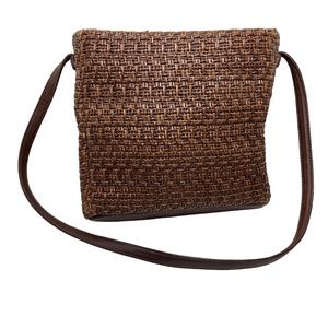 FOSSIL Brown Genuine Leather & Straw Woven Handbag Shoulder Bag Tote Purse Boho